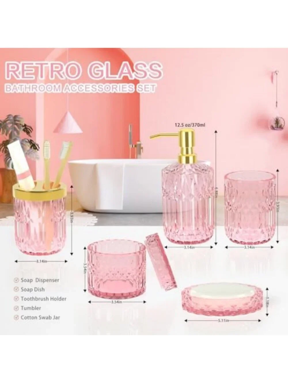 5-Piece Pink Bathroom Accessories Set - Modern Glass Decor, Soap Dispenser
